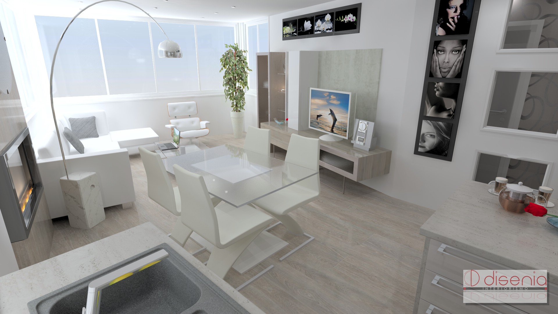 Comedor, Sala de la TV, Cocina, Salon, Loft style contemporaneo color beige, blanco, gris, gris  diseñado por David Abad | Marca colaboradora 