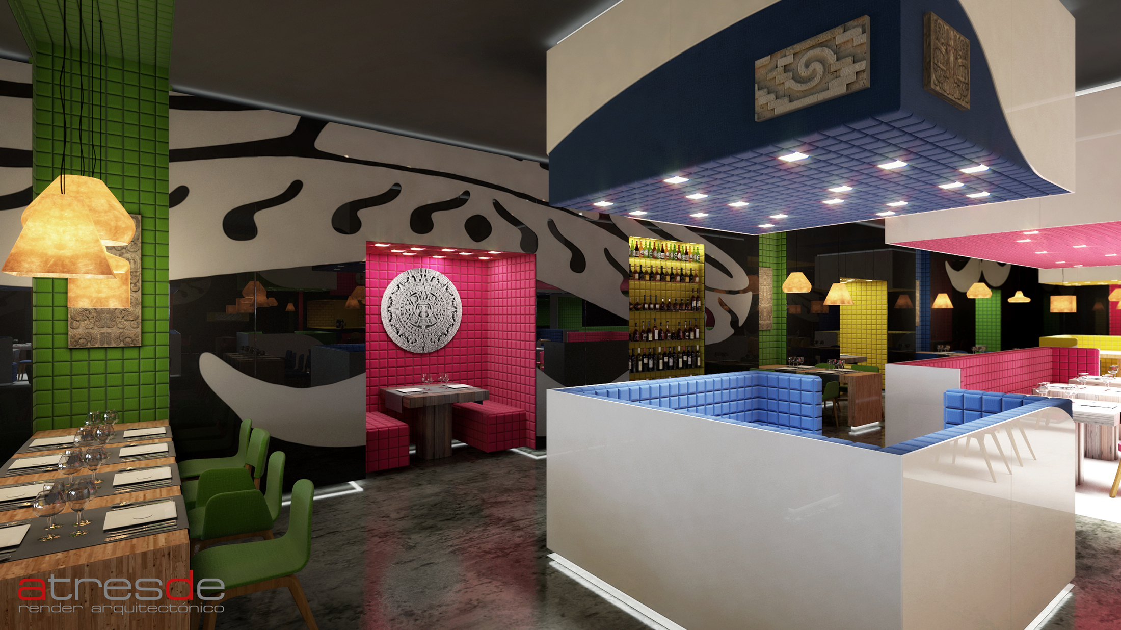 Restaurante style moderno color amarillo, verde, azul, rosa, blanco, gris, gris, negro  diseñado por Atresde Render Arquitectónico | Marca colaboradora 